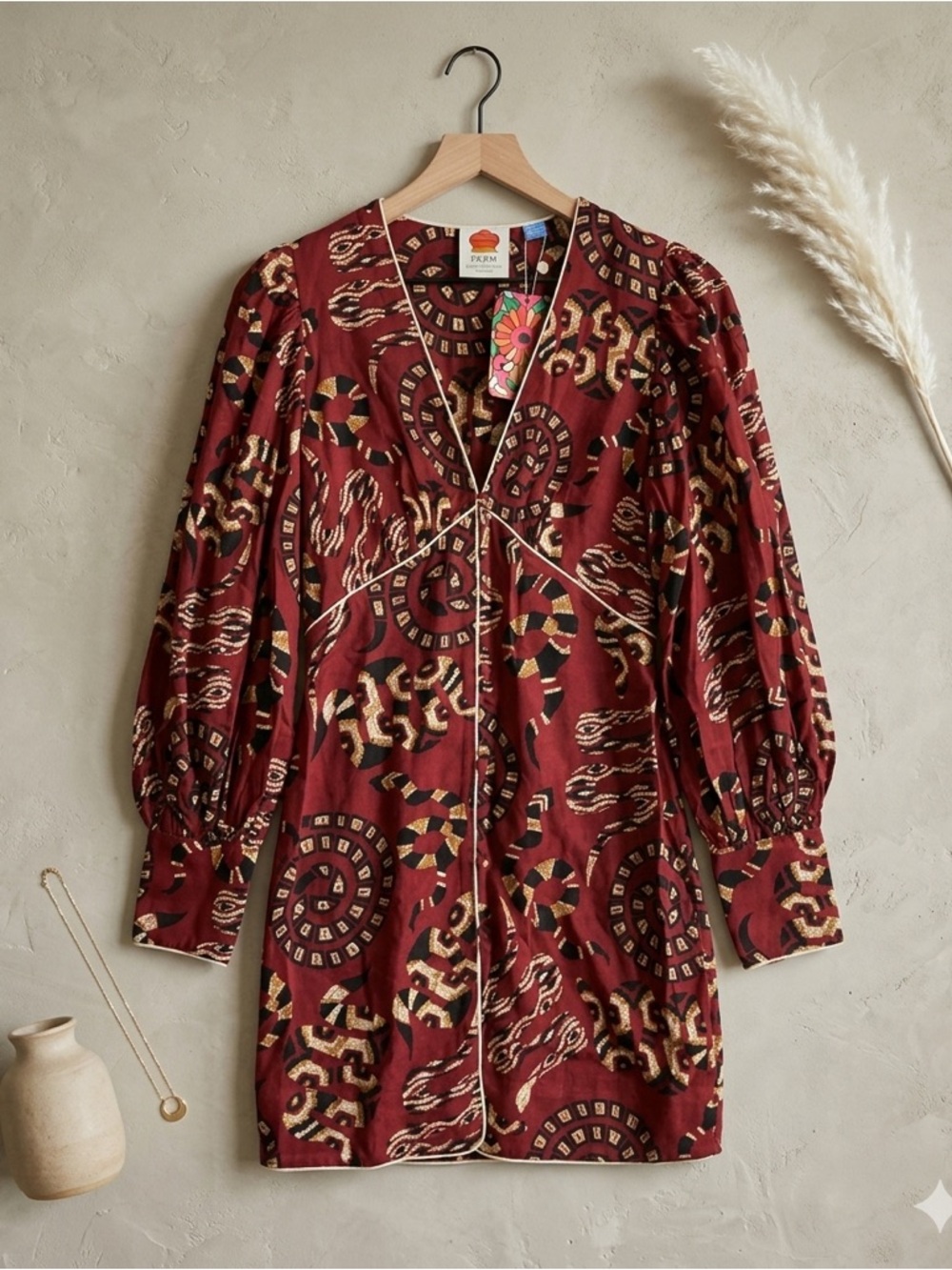 Farm Rio x Anthropologie Wine Snake Print V-Neck Long Sleeve Mini Dress NWT S